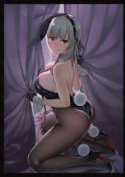 Rule 34 | 1girl, animal ears, bare shoulders, black gloves, black leotard, blush, breasts, closed mouth, curtains, fake animal ears, gloves, hair ornament, high heels, highleg, highleg leotard, highres, holding, iltusa, kneeling, large breasts, leotard, lips, looking at viewer, mole, mole on breast, necktie, original, pantyhose, playboy bunny, pom pom (clothes), rabbit ears, rabbit tail, red eyes, silver hair, smile, solo, strapless, strapless leotard, tail, wrist cuffs