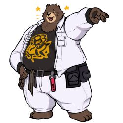 Rule 34 | 1boy, animal ears, barefoot, bear boy, bear ears, belly, ben bigger, black shirt, closed eyes, commentary, english commentary, facing viewer, fangs, fat, fat man, furry, furry male, hand on own hip, highres, jacket, male focus, open mouth, pants, scar, scar across eye, shirt, star (symbol), starbuchi, v, white jacket, white pants, zenless zone zero