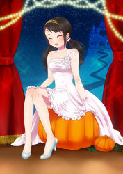 Rule 34 | 1girl, arm at side, armpits, bare shoulders, black hair, breasts, brown eyes, closed eyes, collarbone, curtains, diadem, dress, eyelashes, feet, female focus, fingernails, floral dress, full body, gloves, hand on own knee, happy, high heels, idol, idolmaster, idolmaster cinderella girls, laughing, legs, long dress, long hair, long twintails, looking at viewer, low twintails, nakano yuka, namco, neck, no bra, open mouth, pumpkin, shinkai kiiro, shiny clothes, shiny skin, side bangs, sidelocks, sitting, small breasts, smile, stage, strapless, strapless dress, tiara, tiptoes, toe cleavage, twintails, wedding dress, white gloves