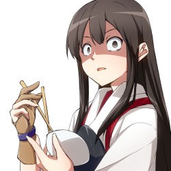 Rule 34 | 10s, 1girl, akagi (kancolle), bad id, bad pixiv id, bowl, brown eyes, brown hair, chopsticks, constricted pupils, falling, gloves, highres, japanese clothes, kantai collection, long hair, looking at viewer, muneate, open mouth, partially fingerless gloves, partly fingerless gloves, personification, shaded face, shinsono shiroko, single glove, solo, surprised, wide-eyed, yugake