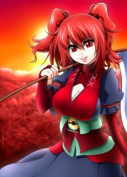Rule 34 | 1girl, alternate color, bad id, bad pixiv id, belt, breasts, cleavage, coin, female focus, field, flower, flower field, gauntlets, hair bobbles, hair ornament, large breasts, lips, mattari yufi, onozuka komachi, red eyes, red hair, red sky, scythe, shirt, skirt, sky, smile, solo, touhou, twintails, two side up