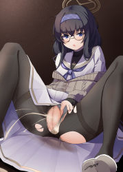 Rule 34 | 1girl, absurdres, akinoji (akiponpon27), black hair, blue archive, blue eyes, blush, censored, clothing aside, glasses, halo, highres, looking at viewer, open mouth, panties, panties aside, peeing, pubic hair, pussy, solo, torn clothes, torn legwear, ui (blue archive), underwear