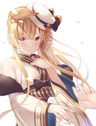 Rule 34 | 1girl, 1other, bare shoulders, blonde hair, blush, choker, commentary request, detached sleeves, ears down, erune, granblue fantasy, hand on own chest, hat, highres, japanese clothes, keima ron, kimono, long hair, looking at viewer, out of frame, petals, purple eyes, raised eyebrows, sleeveless, sleeveless kimono, smile, solo focus, star-shaped pupils, star (symbol), symbol-shaped pupils, upper body, white background, white headwear, wide sleeves, yuisis (granblue fantasy)