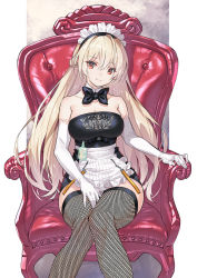 Rule 34 | 1girl, bare shoulders, black bow, black bowtie, blonde hair, bow, bowtie, breasts, chair, commentary, detached collar, elbow gloves, fishnet thighhighs, fishnets, gloves, large breasts, long hair, looking at viewer, maid headdress, orange eyes, original, saitou masatsugu, sitting, smile, solo, thighhighs, white background, white gloves