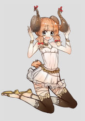 Rule 34 | :o, babydoll, belt, blue eyes, blunt bangs, bow, bracelet, breasts, brown hair, chain belt, character request, choker, cleavage, copyright request, full body, grey background, horns, jewelry, mins (minevi), nightgown, see-through, short twintails, simple background, slippers, solo, tail, tearing up, twintails
