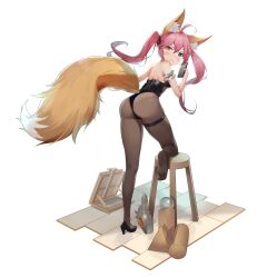 Rule 34 | 1girl, absurdres, ahoge, animal ear fluff, animal ears, arm garter, ass, bare shoulders, black footwear, black leotard, black pantyhose, black ribbon, blue eyes, blush, cellphone, closed mouth, faux figurine, feet, fox ears, fox girl, fox tail, frown, hair between eyes, hair ribbon, heterochromia, high heels, highres, holding, holding phone, leotard, looking at viewer, looking back, n3moni, original, pantyhose, phone, pink hair, playboy bunny, pumps, ribbon, shoes, simple background, single shoe, smartphone, soles, solo, stool, strapless, strapless leotard, tail, thigh strap, toes, twintails, v-shaped eyebrows, white background, yellow eyes
