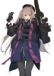 Rule 34 | 1girl, assault rifle, automatic rifle, battle rifle, black pantyhose, blue background, bullpup, carbine, cellphone, commentary request, desert tech mdr, flip phone, girls&#039; frontline, gloves, gun, heterochromia, highres, holding, holding weapon, long hair, looking at viewer, mdr (girls&#039; frontline), multicolored hair, open mouth, pantyhose, phone, pink eyes, platinum blonde hair, red hair, rifle, signature, solo, sutekina awa, weapon, white background, white gloves