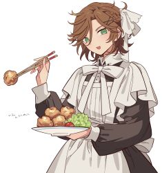Rule 34 | 1boy, apron, bad id, bad pixiv id, black dress, bow, braid, brown hair, cherry tomato, chicken (food), chopsticks, collared dress, crossdressing, dress, ensemble stars!, food, fried chicken, green eyes, hair between eyes, hair bow, highres, holding, holding chopsticks, holding plate, long sleeves, looking at viewer, maid, male focus, male maid, meremero, mikejima madara, neck ribbon, open mouth, plate, puffy long sleeves, puffy sleeves, ribbon, salad, short hair, simple background, smile, solo, tomato, white apron, white background, white ribbon