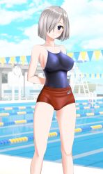 Rule 34 | 1girl, absurdres, alternate costume, arms behind back, blue eyes, blue one-piece swimsuit, blue sky, breasts, buruma, cloud, commentary request, competition school swimsuit, day, feet out of frame, grey hair, hair ornament, hair over one eye, hairclip, hamakaze (kancolle), highres, kantai collection, lane line, large breasts, looking at viewer, one-piece swimsuit, outdoors, parted lips, pool, red buruma, school swimsuit, short hair, sky, solo, string of flags, swimsuit, swimsuit under clothes, takafumi