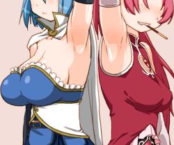 Rule 34 | 10s, 2girls, arm up, armpit focus, armpits, bare shoulders, blue hair, breasts, capelet, food, grin, head out of frame, large breasts, long hair, mahou shoujo madoka magica, mahou shoujo madoka magica (anime), miki sayaka, mouth hold, multiple girls, pocky, sakura kyoko, shinama, short hair, smile, upper body