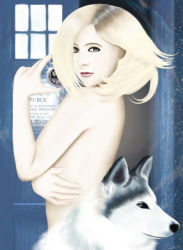 Rule 34 | 1girl, animal, bad wolf, censored, convenient censoring, covering privates, doctor who, female focus, image sample, nude, nude cover, phone booth, pixiv sample, police box, resized, rose tyler, snow, tardis, winter, wolf