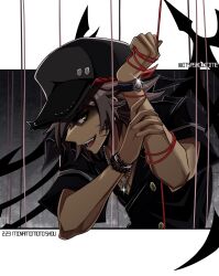 Rule 34 | 1boy, arm up, bead bracelet, beads, black hat, bracelet, character name, commentary, cross, cross necklace, dark-skinned male, dark skin, dated, deathtee, english commentary, fangs, grey hair, hair between eyes, hat, highres, jewelry, looking at viewer, male focus, minamimoto shou, necklace, open mouth, short hair, slit pupils, smile, solo, spiked hair, subarashiki kono sekai, twitter username, upper body, watch, wire, wristwatch, yellow eyes