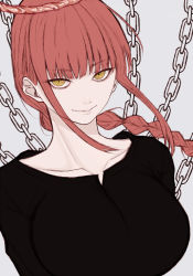 Rule 34 | 1girl, bad id, bad twitter id, black shirt, braid, breasts, chain, chainsaw man, closed mouth, cocq taichou, grey background, halo, large breasts, long hair, long sleeves, looking at viewer, makima (chainsaw man), red hair, ringed eyes, shirt, single braid, smile, solo, upper body