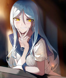 Rule 34 | 1girl, abyssal ship, grey hair, hair between eyes, hand up, kantai collection, leaning on object, long hair, looking at viewer, neckerchief, open mouth, sailor collar, sailor shirt, shiny skin, shirt, short sleeves, slit pupils, smile, solo, ta-class battleship, upper body, v, walzrj, yellow eyes