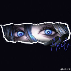 Rule 34 | 1girl, adela (path to nowhere), bags under eyes, black gloves, blue eyes, blue hair, character name, chinese commentary, commentary, eye focus, gloves, hair between eyes, highres, looking at viewer, multicolored hair, path to nowhere, solo, streaked hair, weibo logo, weibo watermark, yu zhezhe