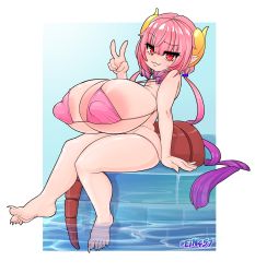 Rule 34 | 1girl, :3, absurdres, areola slip, bare shoulders, barefoot, bikini, blue background, border, breasts, closed mouth, covered erect nipples, curled horns, dragon horns, dragon tail, ein457, feet, full body, gradient hair, highres, horns, huge areolae, huge breasts, ilulu (maidragon), kobayashi-san chi no maidragon, looking at viewer, multicolored hair, partially submerged, pink bikini, pink hair, purple hair, red eyes, sharp toenails, shortstack, simple background, sitting, slit pupils, smile, soles, solo, swimsuit, tail, toenails, toes, twintails, two-tone hair, v, water, white border