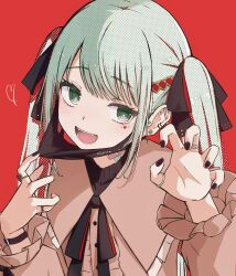 Rule 34 | 1girl, bandaid, bandaid on neck, claw pose, green eyes, green hair, hair ornament, hatsune miku, heart, heart hair ornament, highres, jacket, looking at viewer, mask, mask pull, mouth mask, okome (okome 0627ha), red background, red jacket, red nails, smile, solo, vampire (vocaloid), vocaloid
