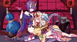 Rule 34 | 2girls, aie, ankle ribbon, arm around waist, beads, blonde hair, cup, facial mark, fangs, fate/grand order, fate (series), floral print, flower, gourd, hand on another&#039;s head, highres, horns, ibaraki douji (fate), japanese clothes, jewelry, jug (bottle), kimono, lantern, leg ribbon, looking at viewer, multiple girls, nail polish, obi, off shoulder, open mouth, paper lantern, parted lips, petals, purple eyes, purple hair, revealing clothes, ribbon, rope, sakazuki, sash, shimenawa, short hair, shuten douji (fate), silhouette, tongue, tongue out, tree, yellow eyes
