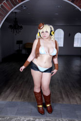Rule 34 | 1girl, asian, blonde hair, boots, breasts, brown eyes, chouzuki maryou, cosplay, cowboy boots, cowboy hat, hat, headphones, highres, jewelry, large breasts, necklace, nitroplus, photo (medium), plump, solo, star (symbol), super pochaco, super pochaco (cosplay)