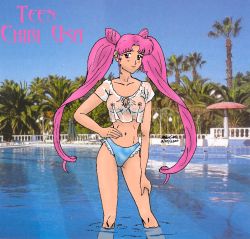 Rule 34 | 1990s (style), bishoujo senshi sailor moon, breasts, chibi usa, pink hair, pool, red eyes, shirt, tree, twintails, wet, wet clothes, wet shirt