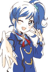 Rule 34 | 1girl, ;d, aikatsu!, aikatsu! (series), blazer, blue eyes, blue hair, blue jacket, blue scrunchie, blush, close-up, collared jacket, foreshortening, hair ornament, hair scrunchie, hands up, highres, jacket, kiriya aoi, long hair, looking at viewer, namori, neck ribbon, one eye closed, open mouth, partially colored, reaching, red ribbon, ribbon, school uniform, scrunchie, side ponytail, simple background, smile, solo, starlight academy school uniform, upper body, v, white background
