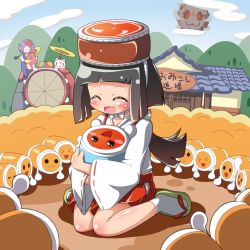Rule 34 | 2girls, blush stickers, brown hair, cat, character request, cloud, day, drum, closed eyes, flower, hair ornament, happy, highres, instrument, japanese clothes, jinnouchi akira, kimono, meteor, multiple girls, open mouth, purple hair, robot, sitting, taiko drum, taiko no tatsujin, tears