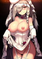 Rule 34 | 1girl, absurdres, bar censor, beret, black background, blush, braid, breasts, breasts out, bride, censored, choker, cleavage, clothes lift, cowboy shot, dress, dress lift, flower, g36c (girls&#039; frontline), g36c (you who steps up) (girls&#039; frontline), garter straps, girls&#039; frontline, gloves, grin, hair over one eye, hat, highres, large breasts, leonat, lifted by self, long hair, looking at viewer, nipples, no panties, official alternate costume, red eyes, red flower, red rose, rose, side braid, silver hair, simple background, smile, solo, sparkle, thighhighs, very long hair, wedding dress, white dress, white gloves, white hat, white thighhighs