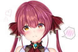Rule 34 | 1girl, absurdres, bare shoulders, blush, closed mouth, gem, hair between eyes, heart, heterochromia, highres, hololive, houshou marine, long hair, looking at viewer, namekuji ojiichan, no eyepatch, no headwear, pink hair, portrait, red eyes, solo, speech bubble, spoken blush, tagme, twintails, virtual youtuber, white background, yellow eyes