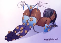 Rule 34 | 1girl, absurdres, all fours, angel splatter, anus, artist name, ass, bikini, bikini bottom only, black hair, blue bikini, breasts, commentary, cookie, dark skin, disembodied limb, elbow gloves, english commentary, food, food print, full body, gloves, gradient background, hair over one eye, highres, looking back, original, print bikini, print bikini bottom, print gloves, print legwear, purple background, pussy, short hair, side-tie bikini bottom, simple background, small breasts, solo focus, swimsuit, thighhighs, top-down bottom-up, untied bikini