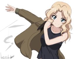 Rule 34 | 10s, 1girl, artist name, black shirt, blonde hair, blue eyes, brown jacket, bukkuri, character name, closed mouth, dated, dressing, girls und panzer, hair intakes, jacket, kay (girls und panzer), long hair, looking at viewer, military, military uniform, open clothes, open jacket, saunders military uniform, shirt, signature, simple background, smile, solo, standing, tank top, uniform, upper body, white background