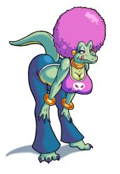 Rule 34 | 1girl, afro, ass, back, bell-bottoms, bracelet, breasts, cleavage, colored skin, donkey kong (series), donkey kong barrel blast, earrings, feet, gold choker, jewelry, kalypso, large breasts, leaning forward, licking lips, lordstevie, midriff, nail polish, nintendo, pants, purple hair, red eyes, reptile girl, shiny skin, smile, tail, toes, tongue, tongue out
