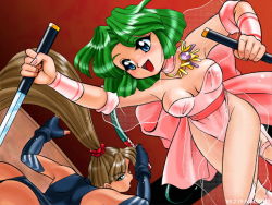 Rule 34 | 1990s (style), 2girls, battle, black leotard, blue eyes, bow, breasts, brown hair, choker, dagger, dated, dominatrix, ellis (toushinden), fingernails, gloves, green hair, happy, holding, holding dagger, holding knife, holding weapon, jewelry, knife, leotard, long hair, medium breasts, mizuki hitoshi, multiple girls, necklace, open mouth, pink bow, ponytail, red background, retro artstyle, ribbon, see-through, see-through sleeves, short hair, sofia, sofia (toushinden), tamsoft, toushinden, weapon, whip, wrist cuffs