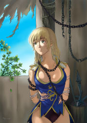 Rule 34 | 1girl, arms behind back, blonde hair, breasts, cassandra alexandra, chained, chain, cleavage, gloves, green eyes, highres, kagura dfc, large breasts, long hair, looking away, panties, solo, sophitia alexandra, soul calibur, soulcalibur, soulcalibur iv, torn clothes, torn gloves, underwear