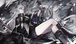Rule 34 | 1girl, animal ears, arknights, black coat, black dress, black footwear, black gloves, black skirt, blue eyes, boots, coat, crazy, crossed legs, dress, finger to mouth, gloves, grey background, grey hair, grin, hair between eyes, hair ornament, hairclip, hand up, highres, holding, holding sword, holding weapon, index finger raised, lappland (arknights), lappland (refined horrormare) (arknights), leaning back, legs, light smile, long hair, long legs, looking at viewer, mento, parted lips, pleated skirt, reclining, scar, scar across eye, scar on face, skirt, smile, solo, sword, teeth, very long hair, weapon, wide sleeves, wolf ears