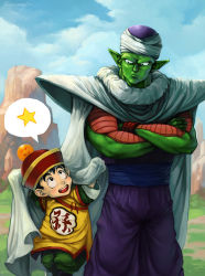 Rule 34 | 2boys, antennae, black hair, cape, child, chinese clothes, colored skin, crossed arms, dragon ball, dragon ball (object), dragonball z, green skin, hat, multiple boys, open mouth, piccolo, remainaery, smile, son gohan, star (symbol), turban