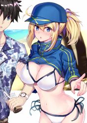 Rule 34 | 1boy, 1girl, :o, afterimage, ahoge, ahoge wag, arm grab, artoria pendragon (fate), baseball cap, beach, bikini, black hair, blue eyes, blue headwear, blue ribbon, blue shirt, blush, breasts, bubble tea, cleavage, commentary request, cowboy shot, cup, disposable cup, double vertical stripe, expressive hair, fate/grand order, fate (series), floral print, fujimaru ritsuka (male), fujimaru ritsuka (male) (tropical summer), hair between eyes, hat, hawaiian shirt, high collar, highres, holding, holding cup, large breasts, long hair, long sleeves, looking at viewer, motion lines, mysterious heroine x (fate), mysterious heroine xx (fate), navel, ninoude (ninoude44), official alternate costume, open mouth, outdoors, outside border, palm tree, pointing, pointing at viewer, ponytail, print shirt, ribbon, shirt, shrug (clothing), side-tie bikini bottom, sidelocks, solo focus, stomach, swimsuit, tree, watch, white bikini, wristwatch, zipper