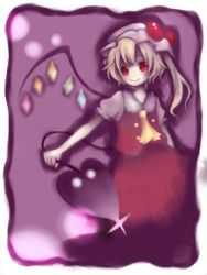Rule 34 | 1girl, ascot, blonde hair, bow, female focus, flandre scarlet, gradient background, hat, hat ribbon, laevateinn, looking at viewer, mob cap, red eyes, red ribbon, red skirt, red vest, ribbon, side ponytail, skirt, smile, solo, touhou, vest, wings