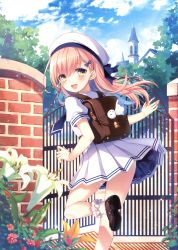 Rule 34 | 1girl, :d, absurdres, backpack, bag, bag charm, beret, blush, bow, brick wall, charm (object), cloud, cloudy sky, day, flower, frilled socks, frills, from behind, gate, hair bow, hair ornament, hairclip, hat, highres, looking at viewer, looking back, open mouth, original, pink hair, pleated skirt, polka dot, polka dot bow, puffy short sleeves, puffy sleeves, school uniform, serafuku, shoes, short sleeves, skirt, sky, smile, socks, solo, teruterubouzu, toosaka asagi, tower, tree, yellow eyes