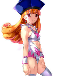 Rule 34 | 1girl, alena (dq4), angel leotard, closed mouth, curly hair, dragon quest, dragon quest iv, earrings, covered erect nipples, hat, highres, jewelry, leotard, long hair, looking at viewer, nurupon, orange hair, red eyes, simple background, smile, solo, thighhighs, white background