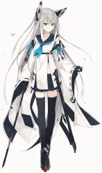 Rule 34 | 1girl, animal ears, azur lane, black gloves, black sailor collar, black skirt, black thighhighs, blue eyes, blue neckerchief, breasts, bug, butterfly, butterfly on hand, commentary request, detached sleeves, eyebrows, feathered wings, feathers, fox ears, fox tail, full body, gloves, head wings, high heels, highres, holding, holding sword, holding weapon, insect, katana, kawakaze (azur lane), long hair, looking at animal, miniskirt, nagishiro mito, neckerchief, pleated skirt, ribbon-trimmed clothes, ribbon-trimmed sleeves, ribbon trim, sailor collar, shirt, silver hair, simple background, skirt, small breasts, solo, standing, straight hair, sword, tachi-e, tail, thighhighs, weapon, white background, white shirt, wings, zettai ryouiki