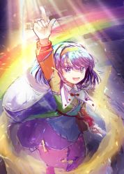 Rule 34 | 1girl, absurdres, cape, cloak, cloud print, dress, hair between eyes, hairband, highres, multicolored clothes, multicolored dress, multicolored hairband, open mouth, orange sleeves, patchwork clothes, pointing, pointing down, pointing up, purple hair, rainbow, rainbow gradient, red button, red sleeves, short hair, sky print, tenkyuu chimata, torn cape, torn clothes, touhou, two-sided cape, two-sided fabric, white cape, white cloak, yellow bag, yellow sleeves