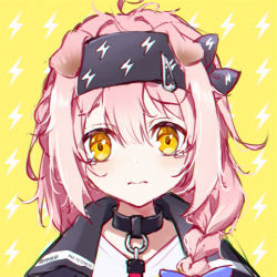 Rule 34 | 1girl, 3:, animal ears, arknights, artist name, black bow, black hairband, blue bow, blush, bow, braid, cat ears, closed mouth, collar, frown, ge zhong kuaile, goldenglow (arknights), hair bow, hairband, lightning bolt print, lightning bolt symbol, looking at viewer, patterned background, pixiv id, portrait, side braid, solo, tearing up, tears, yellow background, yellow eyes