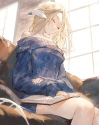 Rule 34 | 1girl, absurdres, au ra, bare shoulders, blonde hair, book, brick wall, closed eyes, commentary request, dragon horns, dragon tail, feet out of frame, final fantasy, final fantasy xiv, highres, horns, open book, scales, shikina (mochigushi ), sleeping, sleeping upright, solo, sweater, tail, warrior of light (ff14), window