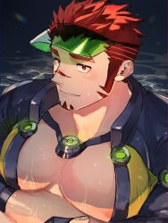 Rule 34 | 1boy, akashi (live a hero), akashi (water bullet) (live a hero), bara, black bodysuit, bodysuit, facial hair, goatee, hagiography, highres, large pectorals, live a hero, long sideburns, male focus, muscular, muscular male, nipples, pectorals, red hair, revealing clothes, scar, scar on face, scar on nose, short hair, sideburns, solo, thick eyebrows, visor cap
