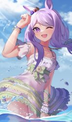 Rule 34 | 1girl, absurdres, animal ears, bead bracelet, bead necklace, beads, blue eyes, blush, bracelet, breasts, commentary request, cowboy shot, ear ornament, highres, horse ears, horse girl, jewelry, long hair, looking at viewer, mejiro mcqueen (ripple fairlady) (umamusume), mejiro mcqueen (umamusume), necklace, ocean, official alternate costume, one eye closed, open mouth, outdoors, purple hair, scrunchie, see-through, shumai il, small breasts, smile, solo, swimsuit, umamusume, water, wet, wrist scrunchie