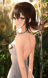Rule 34 | 1girl, a maru, arms behind back, backless dress, backless outfit, bad id, bad twitter id, bare shoulders, blurry, blurry background, blush, brown hair, dress, flower, green eyes, highres, leaf, long hair, looking at viewer, looking back, original, parted lips, plant, sleeveless, sleeveless dress, smile, solo, standing, sunflower, water, white dress, yellow flower