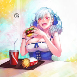 Rule 34 | 1girl, breasts, burger, cleavage, commentary, drooling, fast food, food, food awe, french fries, girls&#039; frontline, hair ribbon, heart, heart-shaped pupils, highres, large breasts, nail polish, open mouth, red eyes, ribbon, saliva, silver hair, solo, spas-12 (girls&#039; frontline), symbol-shaped pupils, twintails, wookyung