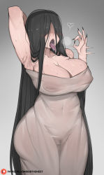 Rule 34 | 1girl, armpits, arms behind head, black hair, blush, bob (bobtheneet), breasts, censored, cleavage, covered erect nipples, dress, fellatio gesture, fingernails, hair over eyes, highres, huge breasts, no panties, open mouth, sharp fingernails, solo, standing, sweat, the ring, thighs, tongue, tongue out, yamamura sadako