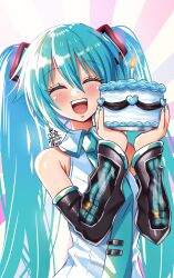 Rule 34 | 1girl, aqua hair, aqua nails, aqua necktie, birthday cake, blush, cake, candle, closed eyes, detached sleeves, food, grey shirt, hair ornament, hatsune miku, headphones, headset, highres, holding, holding cake, holding food, long hair, looking at viewer, maroonabyss, necktie, open mouth, shirt, smile, solo, teeth, twintails, upper body, upper teeth only, very long hair, vocaloid