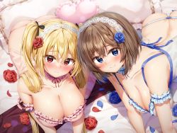 Rule 34 | 2girls, all fours, arched back, ass, babydoll, bare shoulders, bed, blonde hair, blue eyes, blue flower, blue ribbon, blush, braid, breasts, brown hair, choker, cleavage, closed mouth, collarbone, embarrassed, flower, frilled babydoll, frilled choker, frills, frown, hair flower, hair ornament, hair ribbon, headdress, heart, heart-shaped pupils, highres, kuria (clear trip second), large breasts, lingerie, long hair, looking at viewer, multiple girls, on bed, original, panties, petals, pink panties, red eyes, red flower, ribbon, rose, short hair, skindentation, smile, strap gap, string panties, symbol-shaped pupils, twintails, underwear, underwear only, white panties